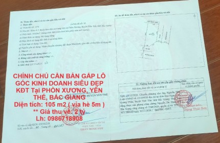 CHÍNH CHỦ CẦN BÁN GẤP LÔ GÓC KINH DOANH SIÊU ĐẸP KĐT Tại PHỒN XƯƠNG, YÊN THẾ, BẮC GIANG